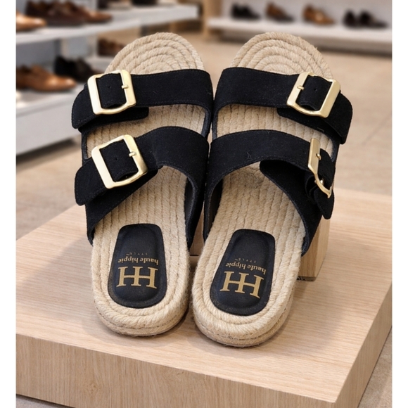 Haute Hippie Shoes - Haute Hippie Black Double Buckle Espadrille Slide Sandals NWT